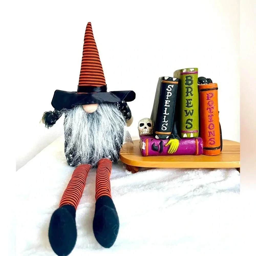 Halloween Gnome Shelf Sitter and Four Book Potion Spells Brews Skull Plaster